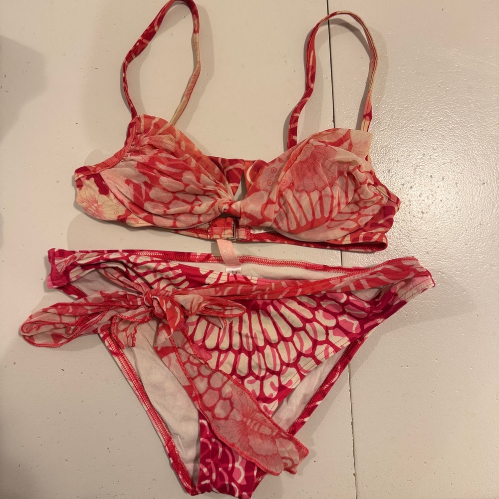 Vintage Victoria’s Secret bikini set pink floral with mesh tulle overlay